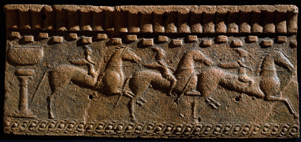 Etruskien taide: ritarien friisikoristelu arkkitehtonisesta kokonaisuudesta Murlossa. 6. vuosisadalla eaa. Murlo, Antiquarium Municipal, Italia tekijältä Etruscan