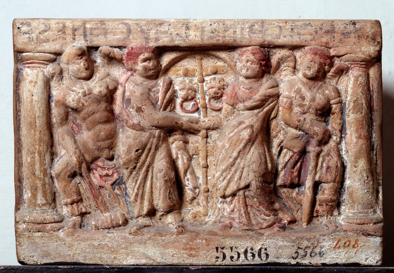 Etruskien sivilisaatio: Terrakotta-uurna Chiusista Italiasta - 2. vuosisadalla eKr. Koko 20x30 cm (etruskien taide: terrakottauurna 2. vuosisadalla eKr.) Firenze, Museo Archeologico, inv 5566 tekijältä Etruscan