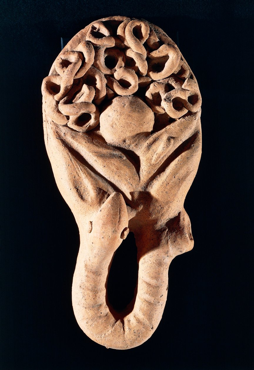 Etruskien sivilisaatio, suolistoa kuvaava terrakottalahja, Tessennanosta, Lazion alueelta, Italiasta tekijältä Etruscan