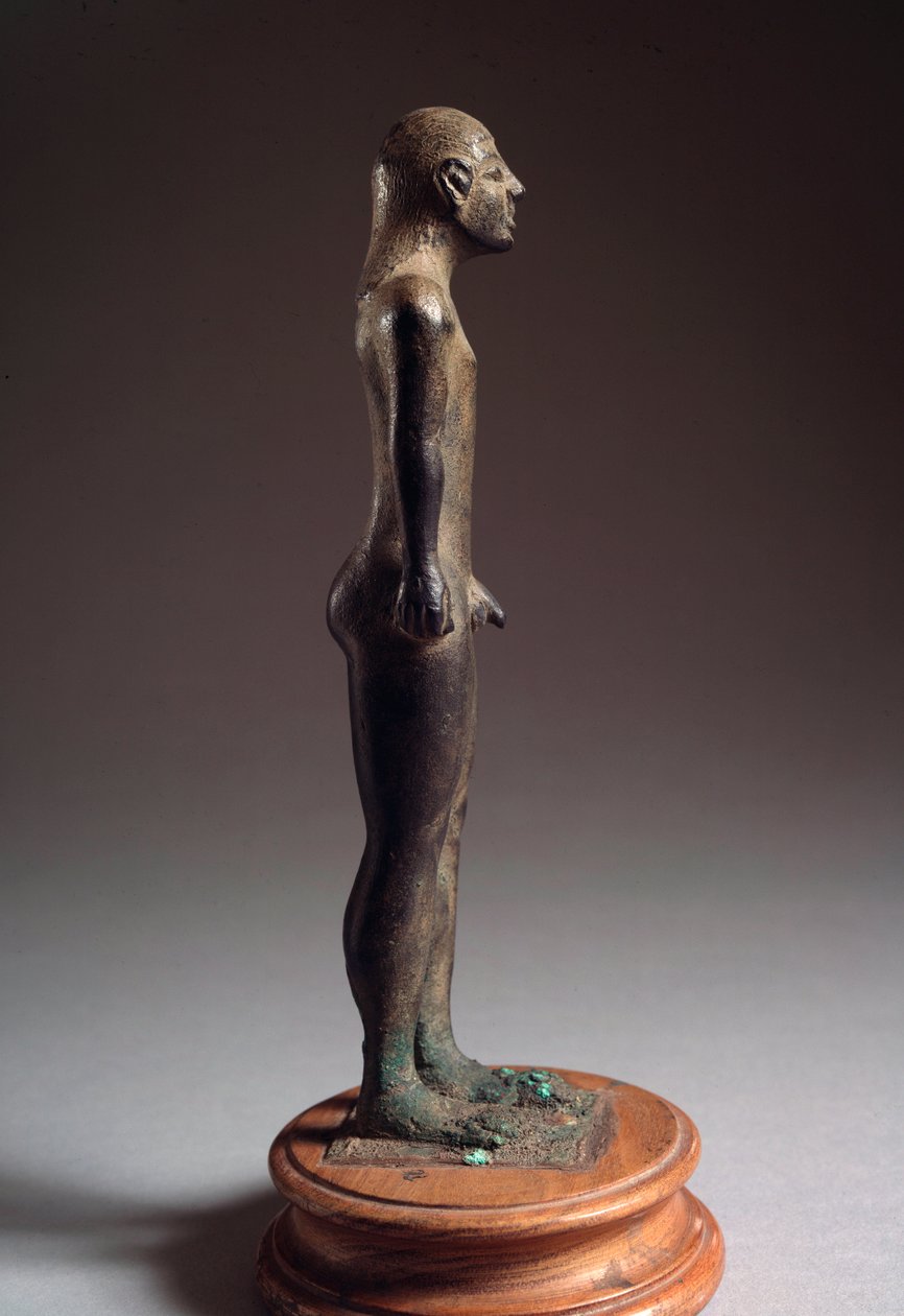 Etruskien sivilisaatio: "" kouros"" pronssinen veistos, Talamonesta, Italiasta, 540-530 eKr., halkaisija 21 cm tekijältä Etruscan