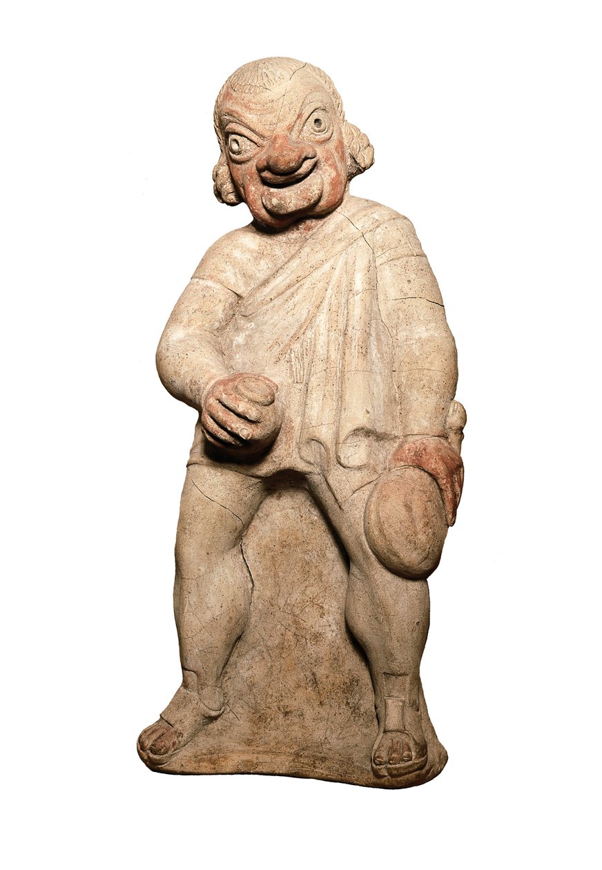 Etruskien sivilisaatio: esitys koomista näyttelijöistä groteskilla ilmeellä. Veistos 2. vuosisadalta ennen JC:tä. Lontoo, brittiläinen museo tekijältä Etruscan