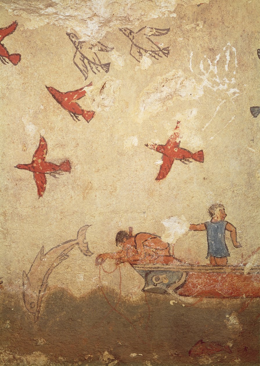 Kalastusvene, metsästyksen ja kalastuksen haudalta, n. 520-10 eKr. (seinämaalaus) tekijältä Etruscan