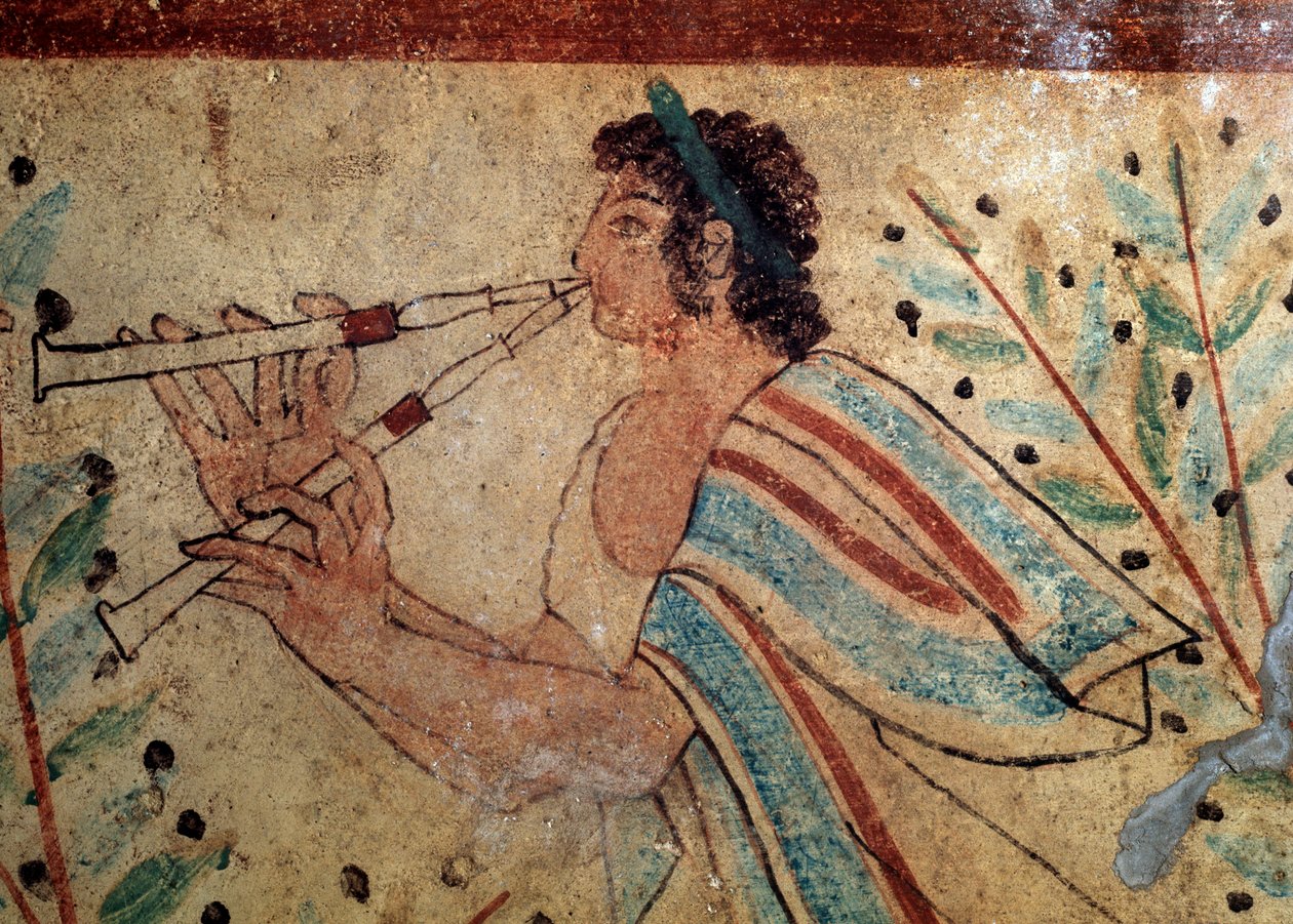 Huilunsoittaja. Yksityiskohta freskosta Leopardien haudasta, 5. vuosisadalla eKr tekijältä Etruscan