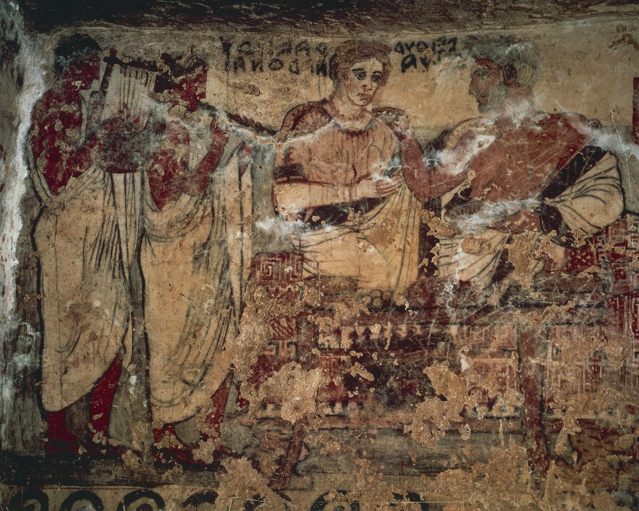 Fresko, joka kuvaa Velthur Velchan hautajaisia vaimonsa Ravnthu Aprthnein kanssa kahden muusikon viihdyttämässä tekijältä Etruscan
