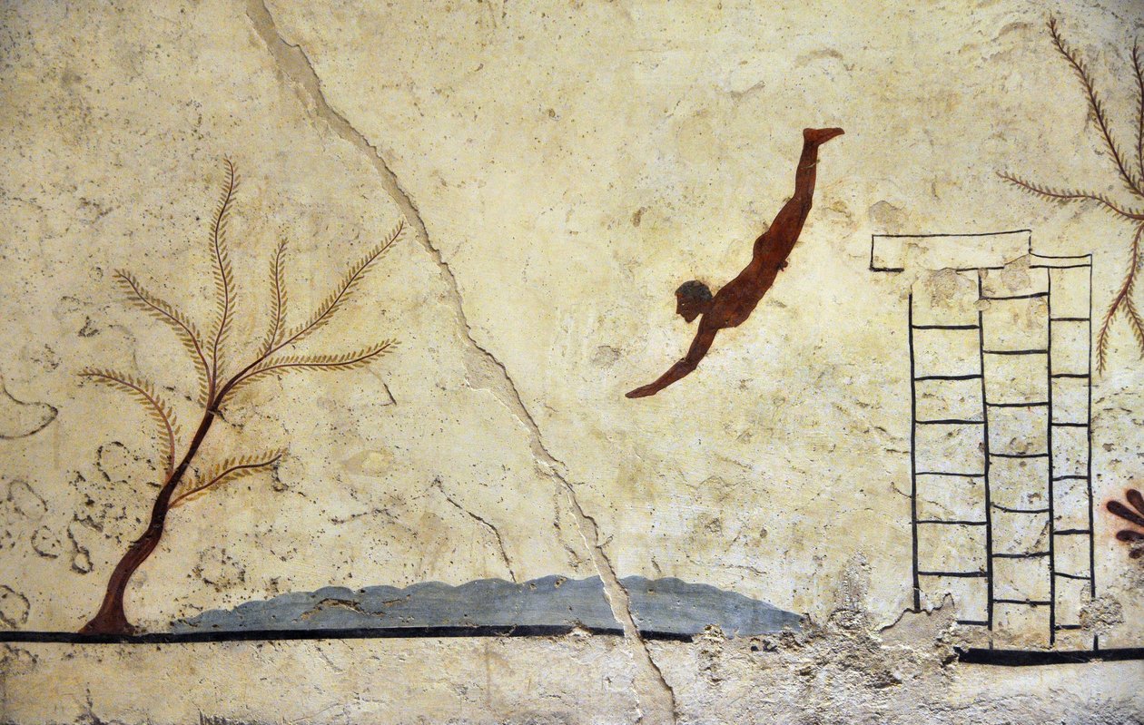 Kreikan taide: Nuori uimari sukeltamassa. Fresko "sukeltajan" haudasta, Paestum. tekijältä Etruscan