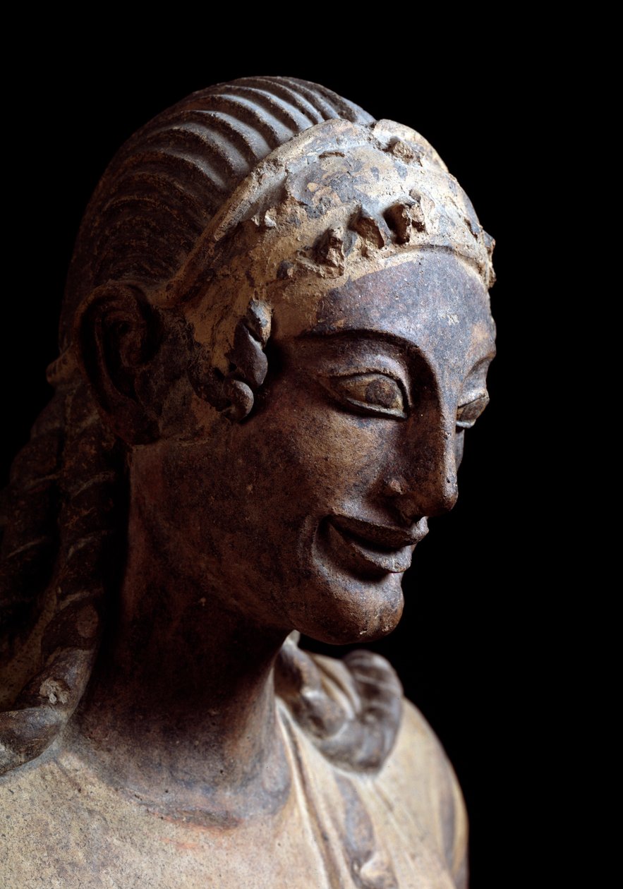 Apollon päämies Veiosta (yksityiskohta) - Terrakottaveistos, 510-490 eaa. tekijältä Etruscan