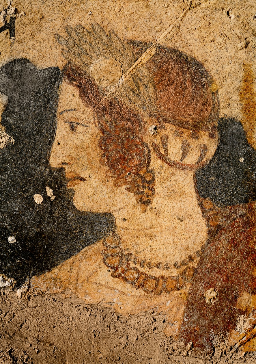 Nuoren naisen pää, Velia, Orkuksen haudasta (seinämaalaus) tekijältä Etruscan