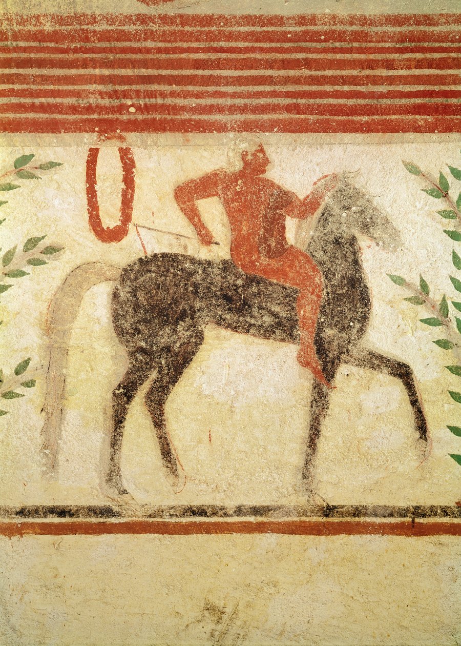 Ratsumies, vasemmalla puolella, Baronin haudalta, n. 500 eKr. (seinämaalaus) tekijältä Etruscan