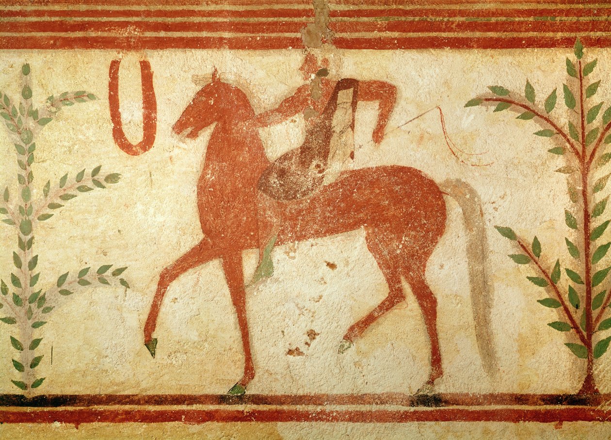 Ratsumies, oikealla puolella, Paronin haudalta, noin 500 eKr. (seinämaalaus) tekijältä Etruscan