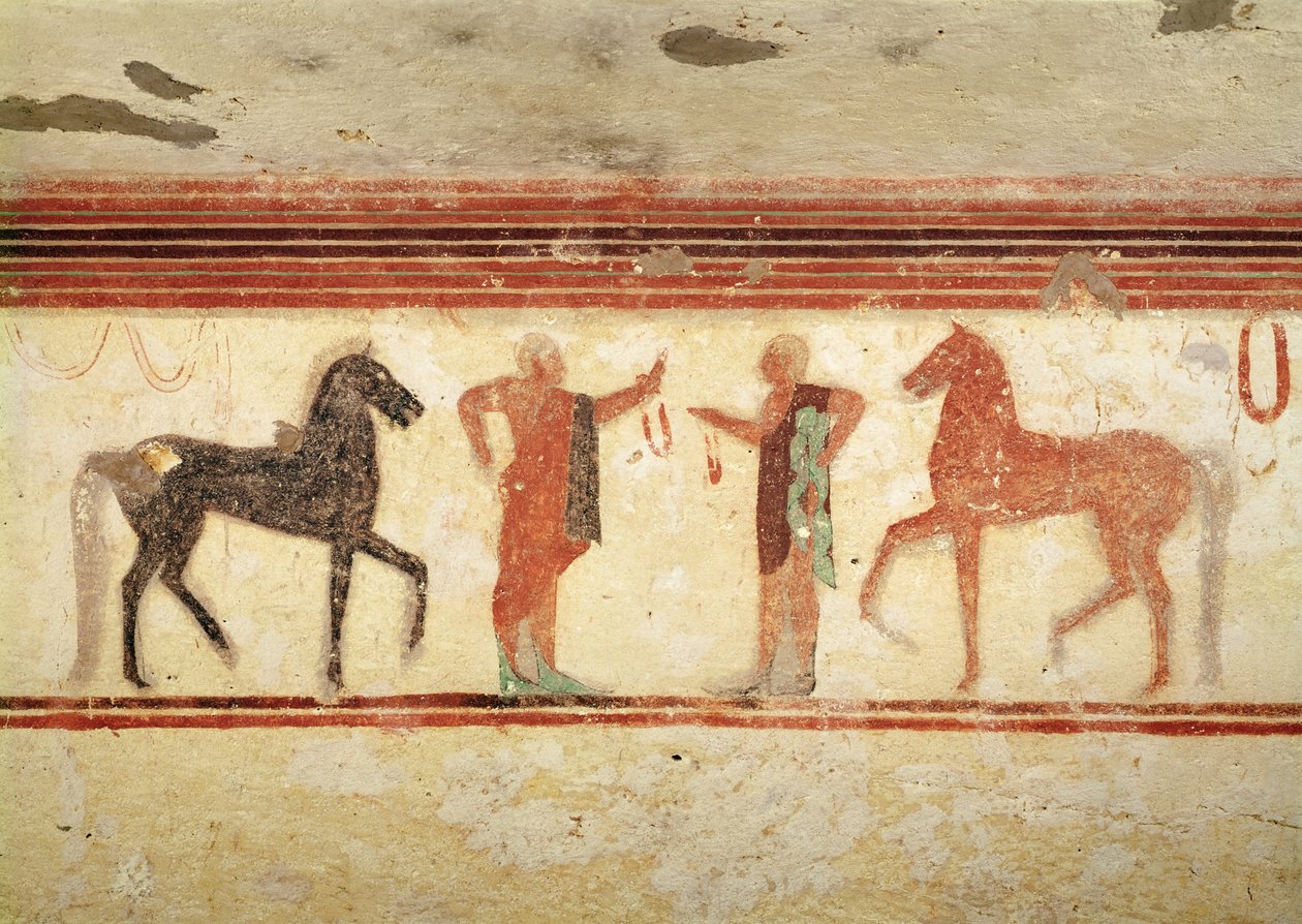 Hevoset ja hevosmiehiä ohjaksissa, Paronin haudasta, n. 500 eKr. (seinämaalaus) tekijältä Etruscan