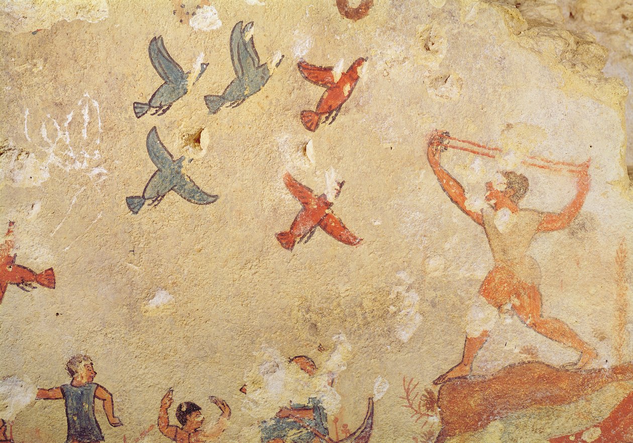 Lintujen metsästäjä, metsästyksen ja kalastuksen haudalta, n. 520-10 eKr. (seinämaalaus) tekijältä Etruscan
