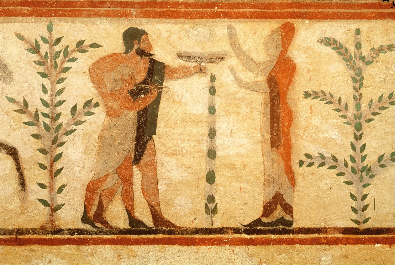 Mies ja lapsi ennen kuollutta sankarikasta, Paronin haudasta, n. 500 eKr. (seinämaalaus) (katso lisätietoja kohdasta 407469) tekijältä Etruscan