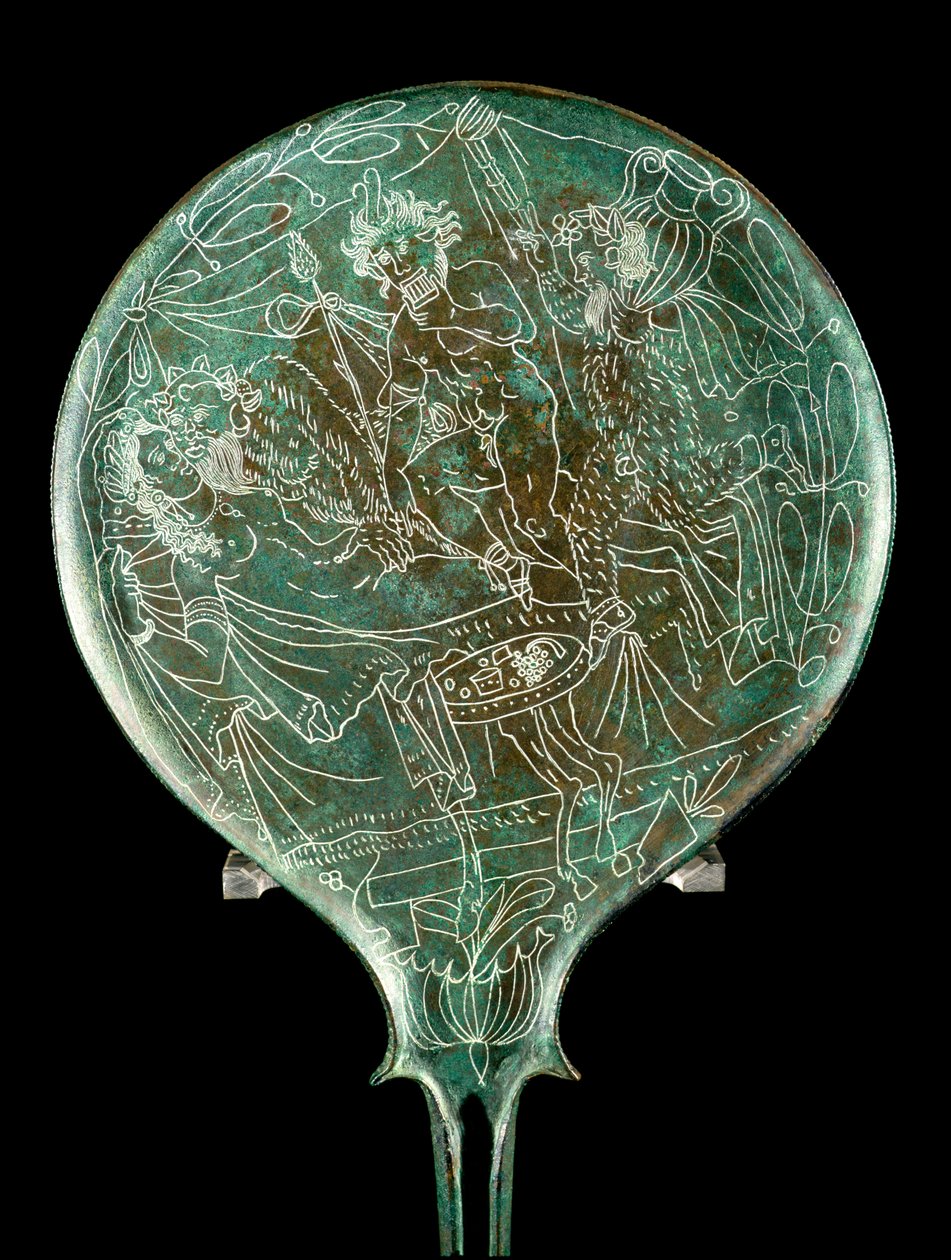 Mytologista kohtausta kuvaava peili Palestrinasta (Praeneste) (pronssi) tekijältä Etruscan