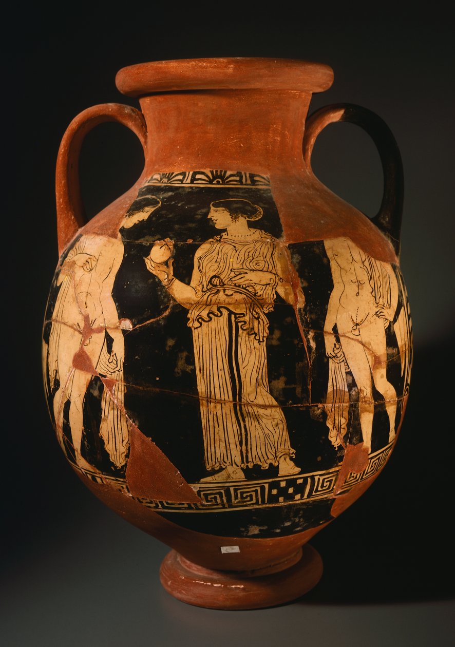 Sommavillan maalarin Pelike, jossa tyttö esittelee granaattiomenaa (rekonstruoitu). Punahahmoista keramiikkaa Orvietosta (Umbria). Etruskien sivilisaatio, 4. vuosisadalla eKr. tekijältä Etruscan