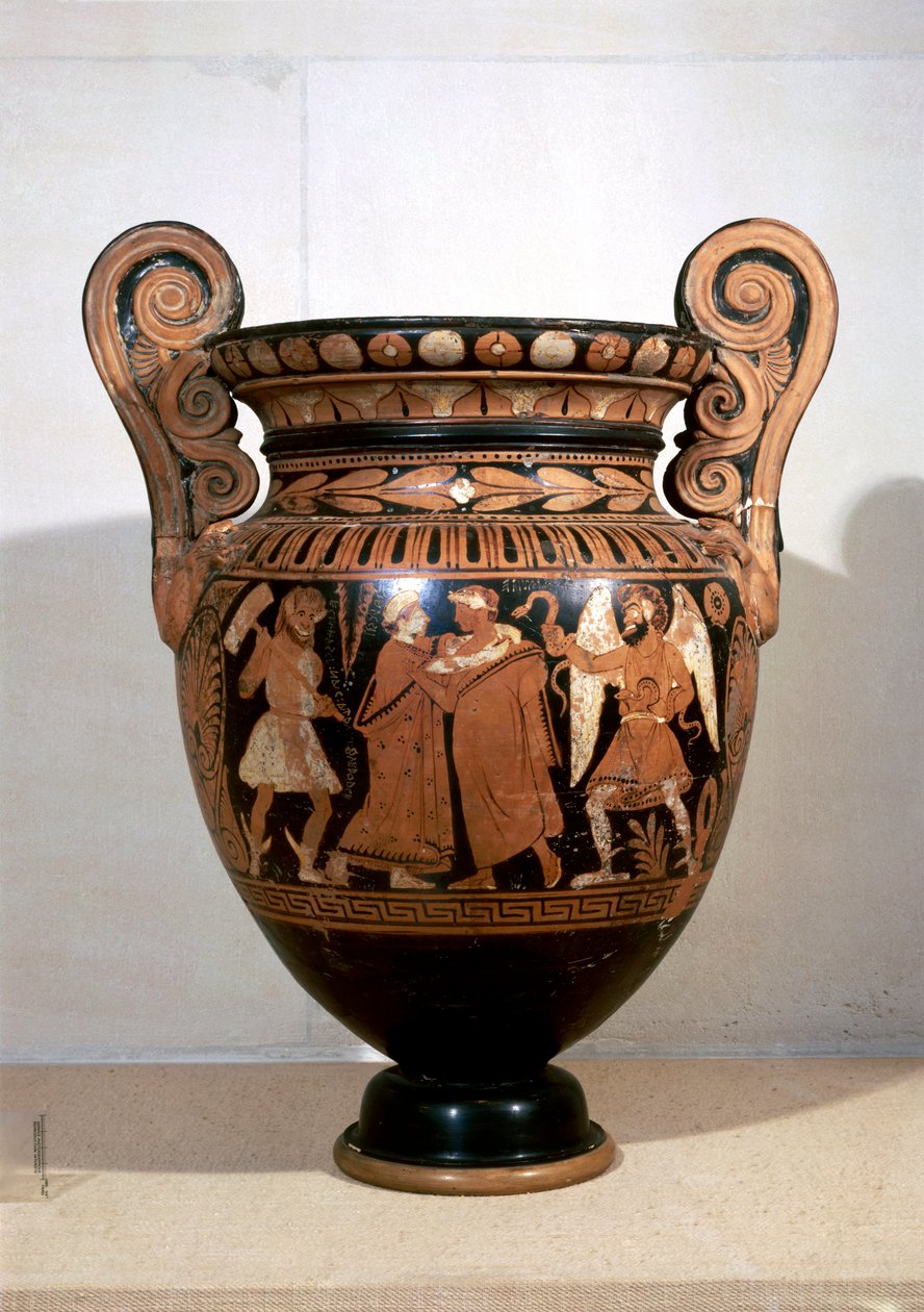 Alcestis Painterin punahahmoista keramiikkaa, Volute krateria, joka kuvaa Alcestista syleilemässä A.D.metusta, ja nimien kirjoitusta tekijältä Etruscan