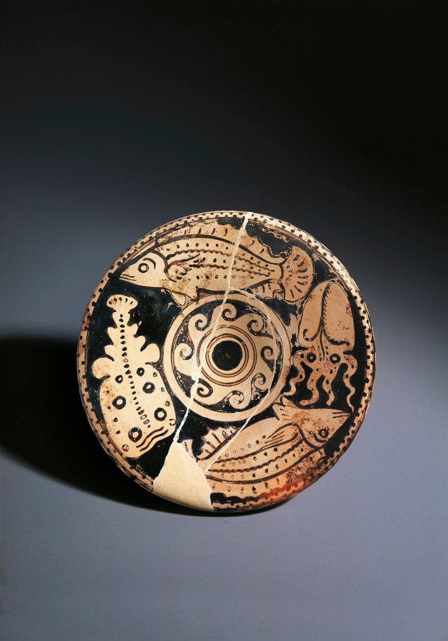 Punahahmoinen keramiikka astia kalakoristeella, Cerveteri tekijältä Etruscan