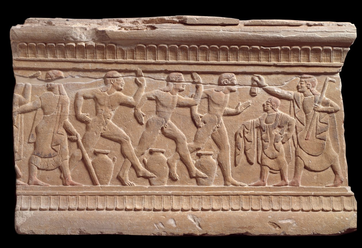 Helpotusta urheilijoiden kilpailulla marmorivirstanpylväästä Chiusissa, Italiassa, 6. vuosisadalla eKr. tekijältä Etruscan