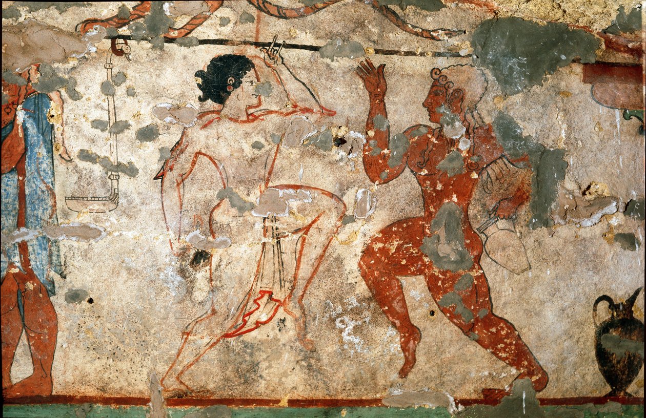 Rituaalitanssi, nuori nainen yllään läpinäkyvä tunika ja nuori mies alasti. (Freskon yksityiskohta, 520 eKr.) tekijältä Etruscan