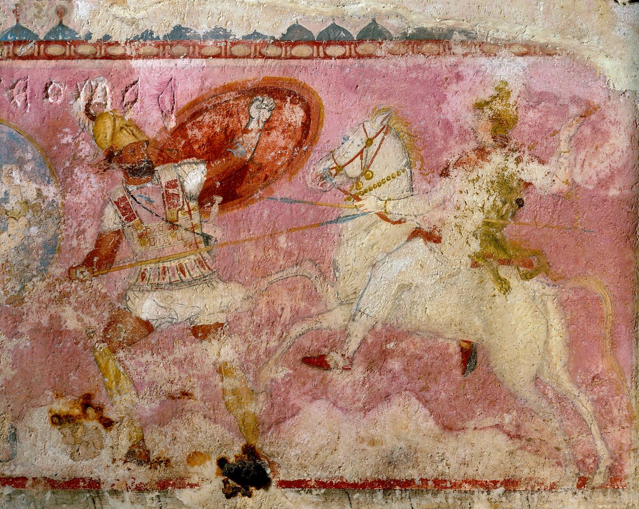 Amatsonien sarkofagi, jossa on maalattu taistelukohtaus, valkoista kalkkikiveä, Tarquinia, Latiumin alue, Italia, detalji tekijältä Etruscan