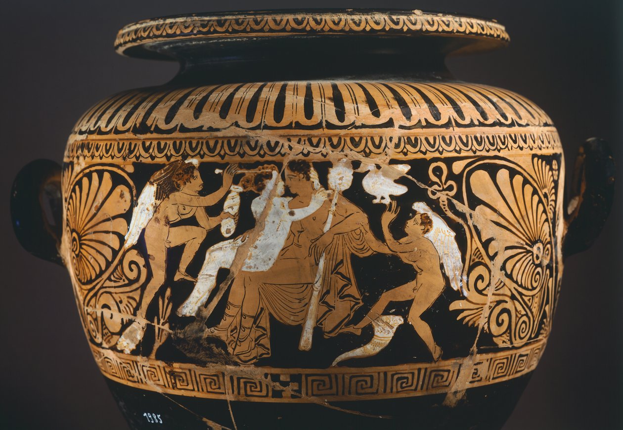 Stamnos (nesteen varastointiastia), yksityiskohdassa Dionysus ja Ariadne. Punahahmoista keramiikkaa Poranosta (Umbria). Etruskien sivilisaatio, 4. vuosisadalla eKr. tekijältä Etruscan