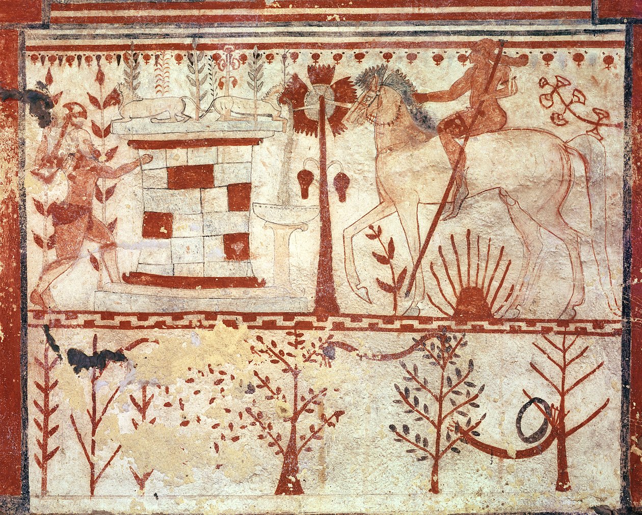 Troijan prinssi Troiuksen väijytys, Akhilleus, Härkien haudasta (Tomba del Tori) n. 540 eKr. (fresko) tekijältä Etruscan