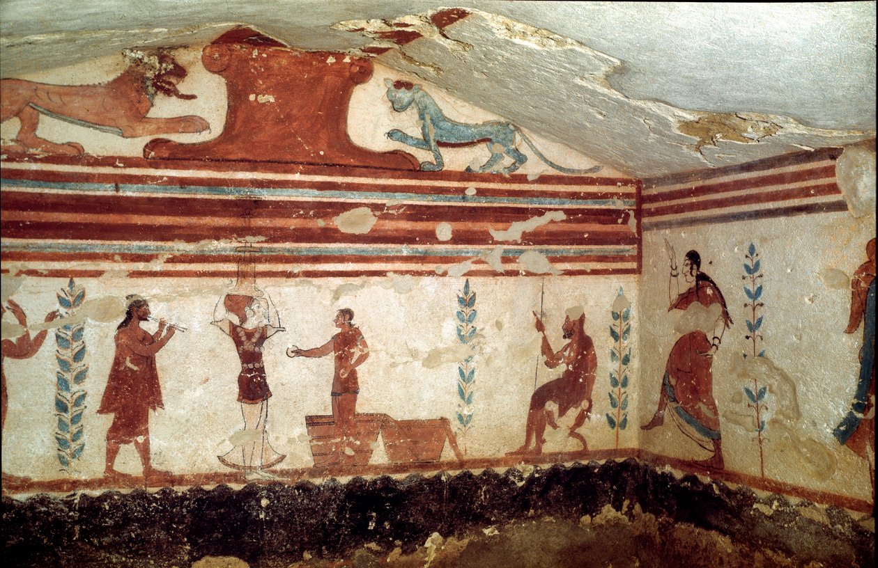 Jakkaralla istuva vainaja osallistuu jonglöörien ja tanssijoiden esitykseen (Fresko, yksityiskohta, 530 eKr.) tekijältä Etruscan