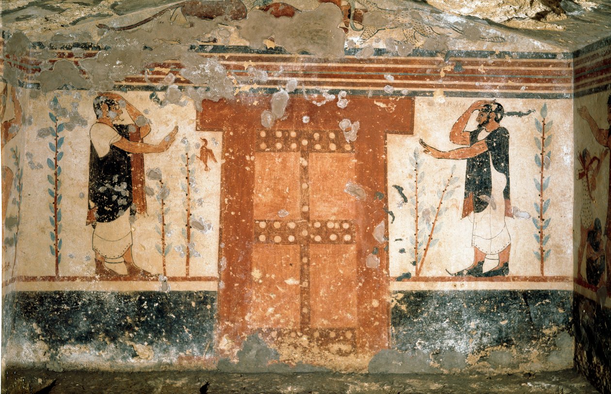 Kaksi hahmoa tervehtimässä lähellä porttia symboloi pääsyä kuoleman valtakuntaan (Fresko, 530 eKr.) tekijältä Etruscan