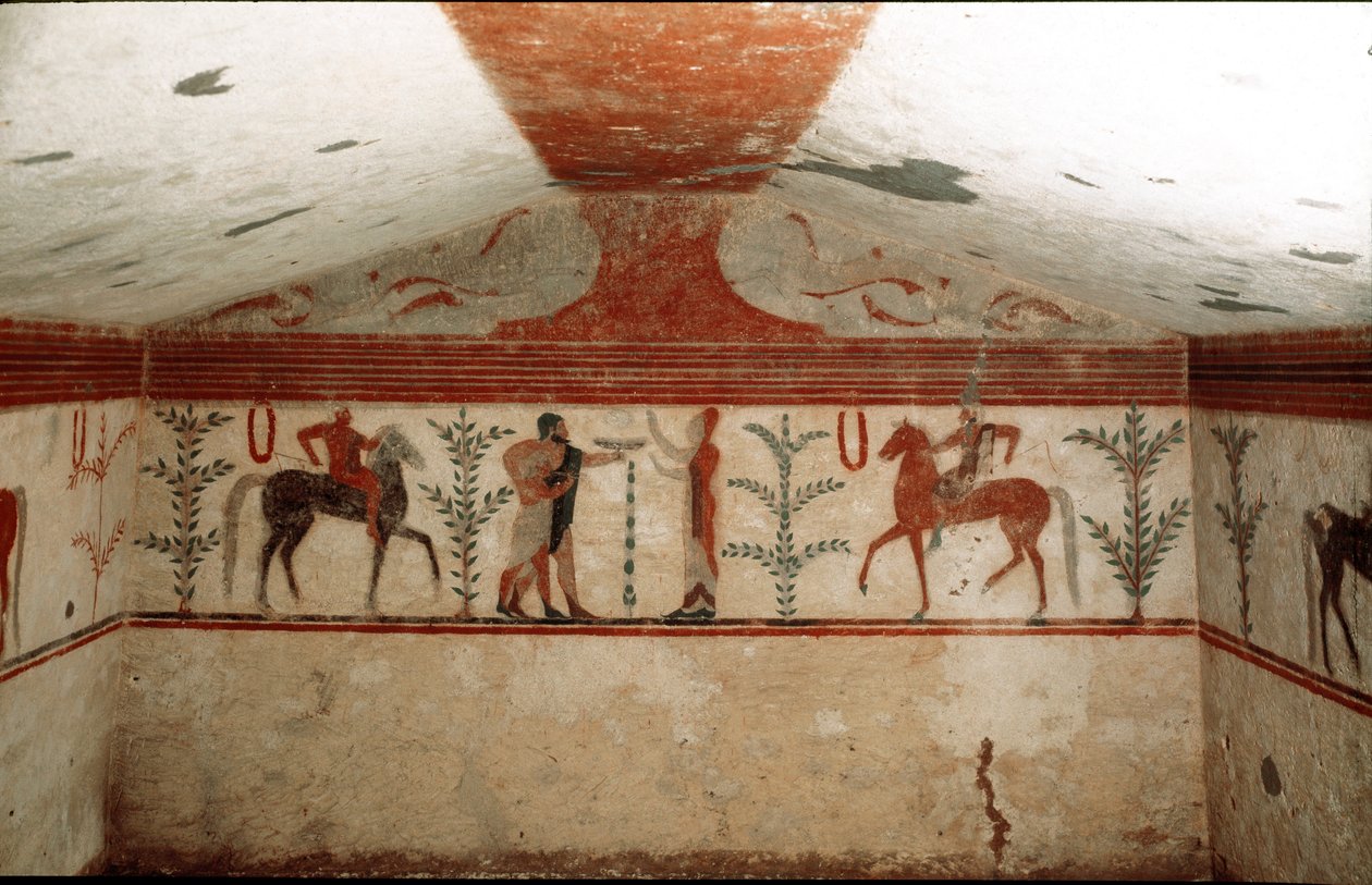 Kaksi ratsumiestä, nainen ja parrakas mies esittelemässä kuppia (Freskon yksityiskohta, 530 eKr.) tekijältä Etruscan