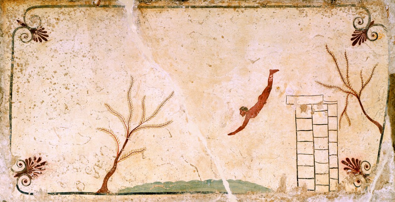 sukeltaja, noin 480-490 eKr., koristeellinen fresko Paestumin sukeltajan haudan kansilaatasta, Campania, Italia, 5. vuosisata eKr. tekijältä Etruscan