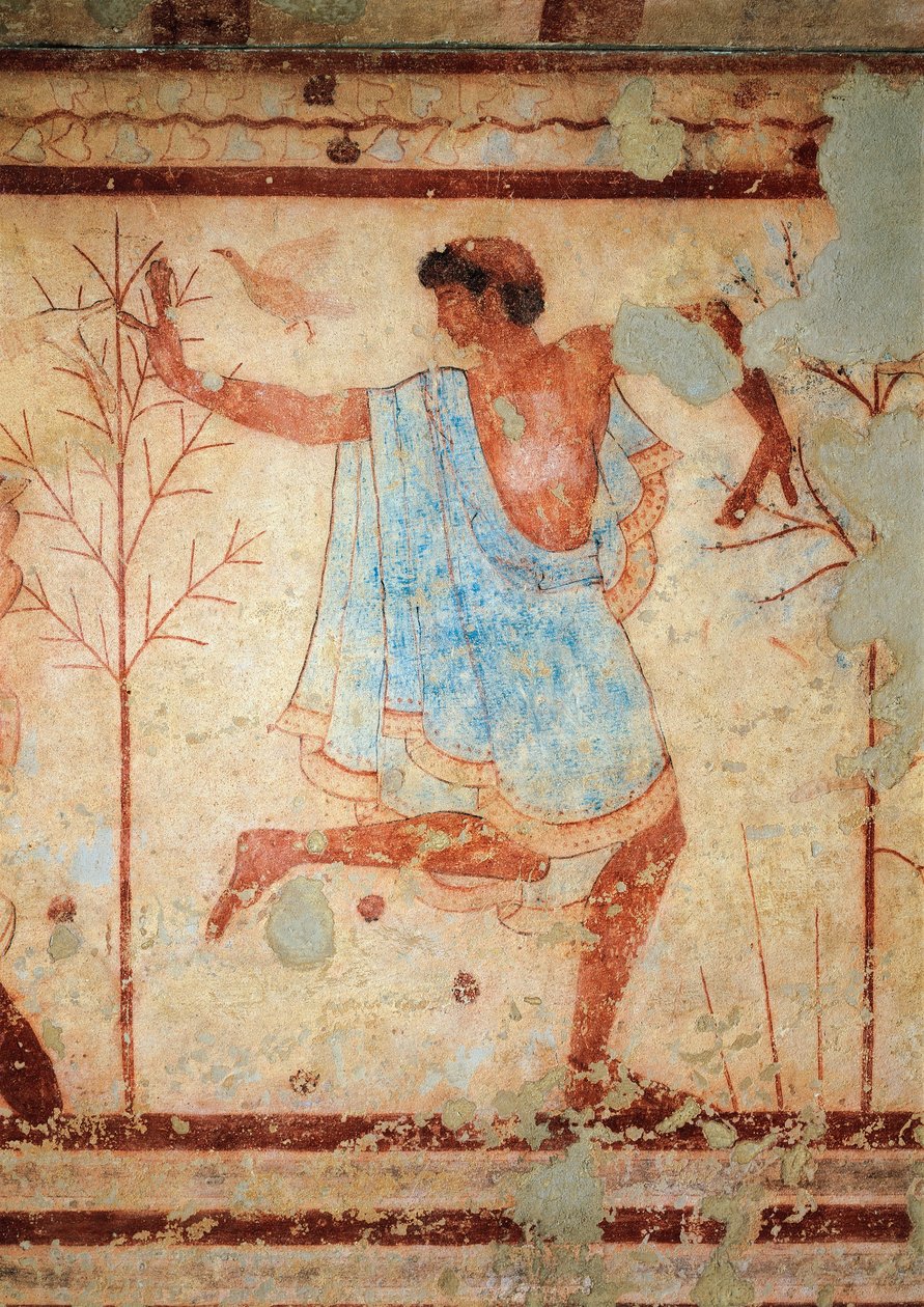 Tricliniumin hauta, yksityiskohta freskosta, joka esittää tanssijaa, Tarquinia, Italia (seinämaalaus) tekijältä Etruscan
