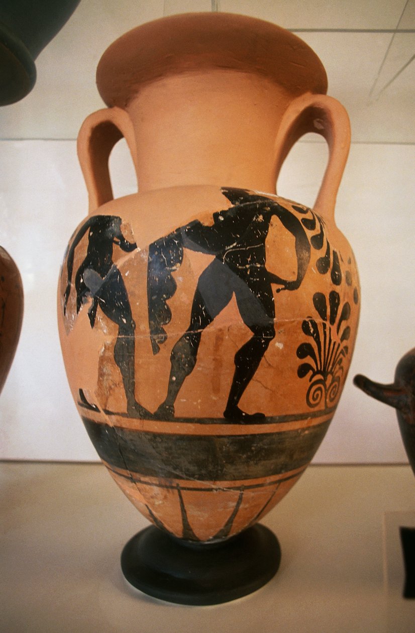 Etruskien mustahahmoinen maljakko Rosellen arkeologisesta alueesta, Toscanasta, Italiasta tekijältä Etruscan Etruscan