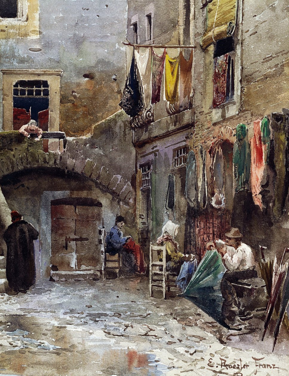 Keskiaikaiset jäännökset Rooman getossa, Ettore Roesler Franz (1845-1907), akvarelli Vanished Rome -sarjasta, Detail, Italia tekijältä Ettore Roesler Franz