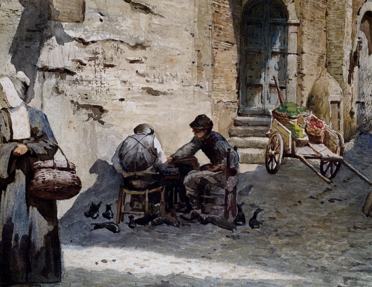 Vanhoja keskiaikaisia taloja Lungarettassa, Ettore Roesler Franz (1845-1907), akvarelli sarjasta Vanished Rome, Yksityiskohta, Italia. tekijältä Ettore Roesler Franz