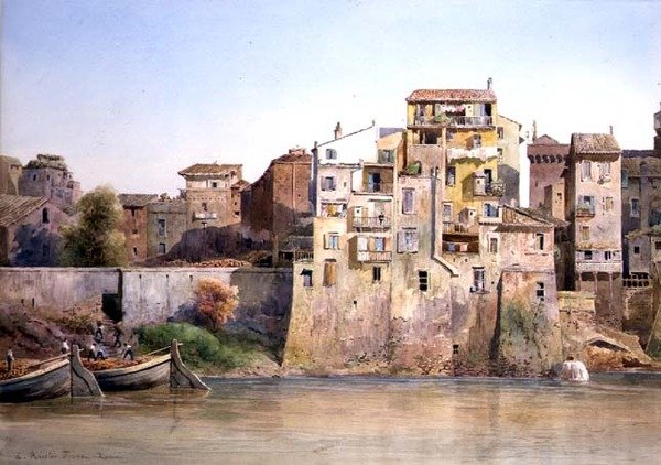 Näkymä Tevere a Monte Brianzo, Rooma (akvarelli paperille) tekijältä Ettore Roesler Franz