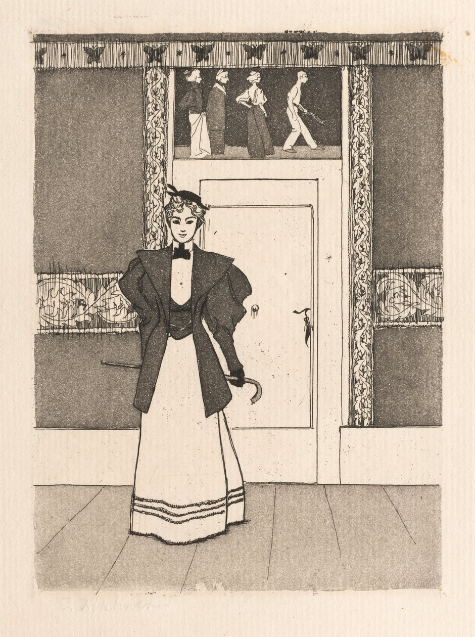 Sisustus, jossa nuori nainen kävelyasussa, 1895. tekijältä Eugen Kirchner