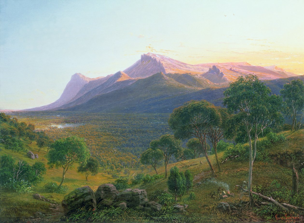 Aboriginaalit tulessa ennen Mount Williamia nähtynä Mount Drydenista Grampiansissa, Victoria, 1892 (öljy) tekijältä Eugene von Guérard