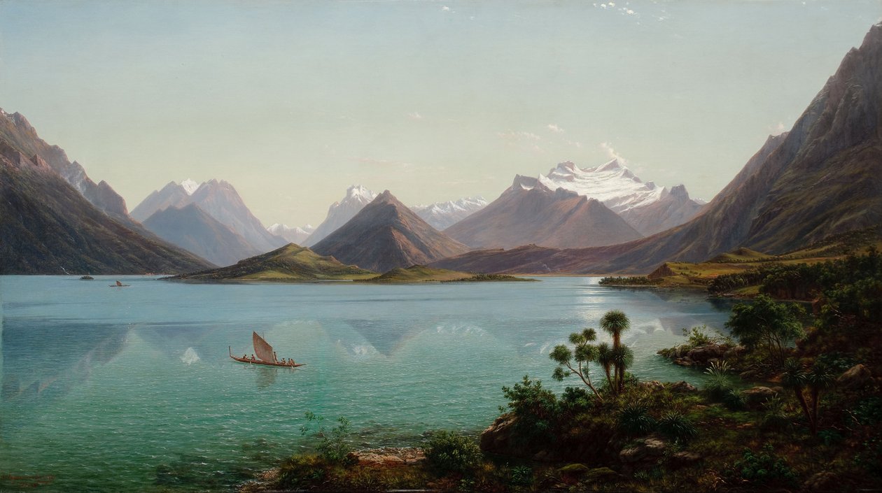 Wakatipu -järvi ja Mount Earnslaw, Middle Island, Uusi -Seelanti tekijältä Eugene von Guérard