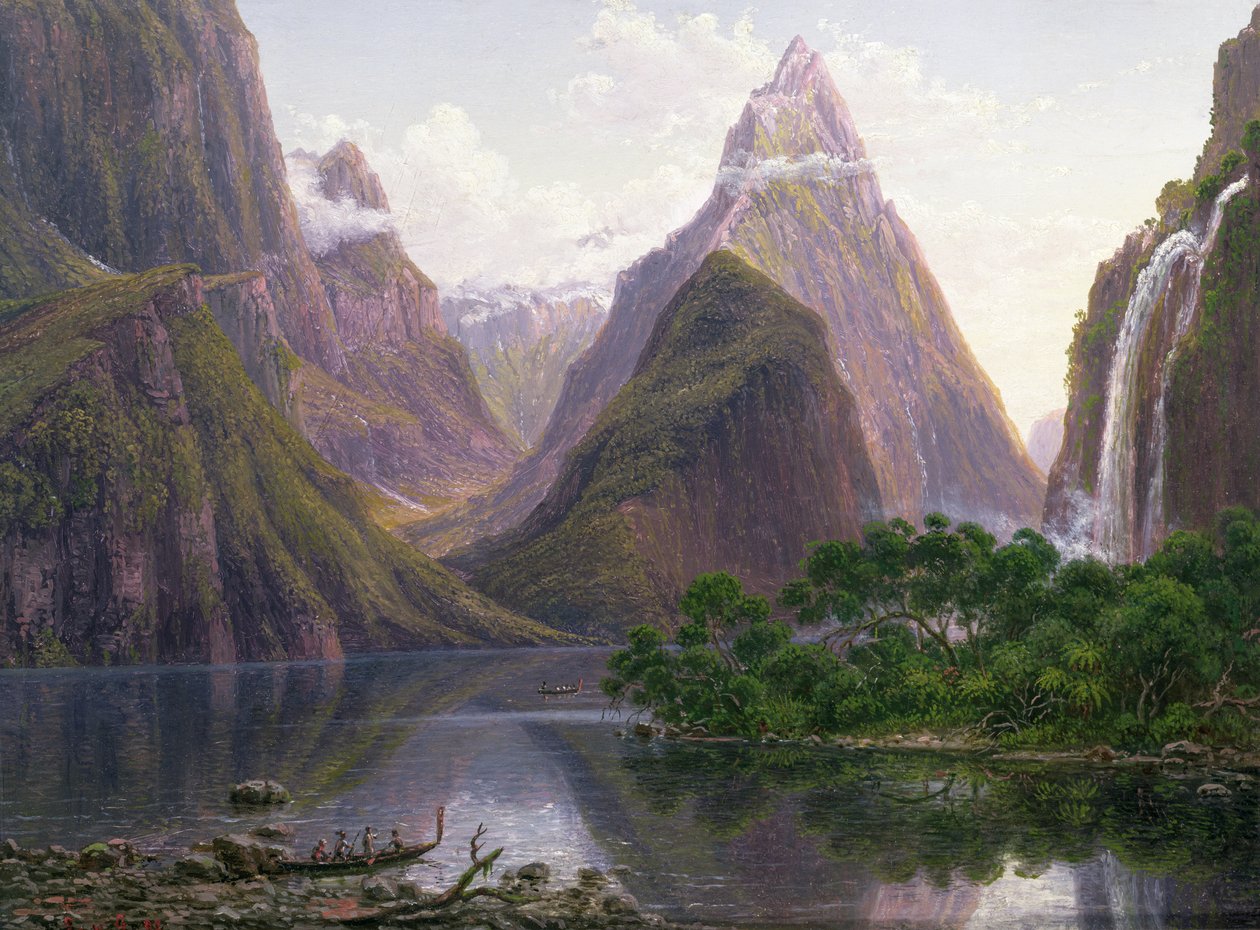 Alkuperäisiä hahmoja kanootissa Milford Soundissa, South Islandin länsirannikolla, Uudessa-Seelannissa, ovat myös Mitre Peak ja Bowens Fall, 1892 tekijältä Eugene von Guérard