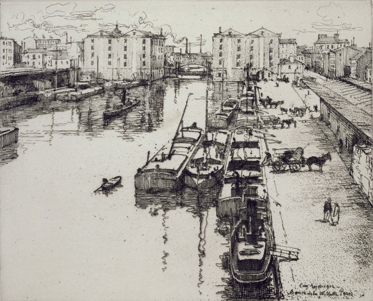 Bassin de la Villette, teoksesta "Du Ier au XXeme: Les Arondissements de Paris...", julkaistu 1903 tekijältä Eugene Bejot