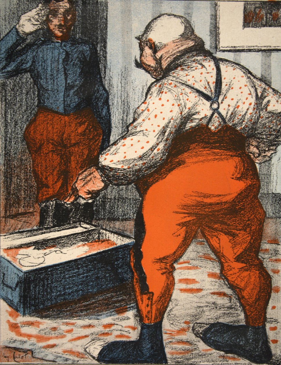Virkamies, joka valvoo alusvaatteidensa järjestelyä, kuvitus teoksesta "The Butter Plate: The Officials", 9. elokuuta 1902 tekijältä Eugene Cadel