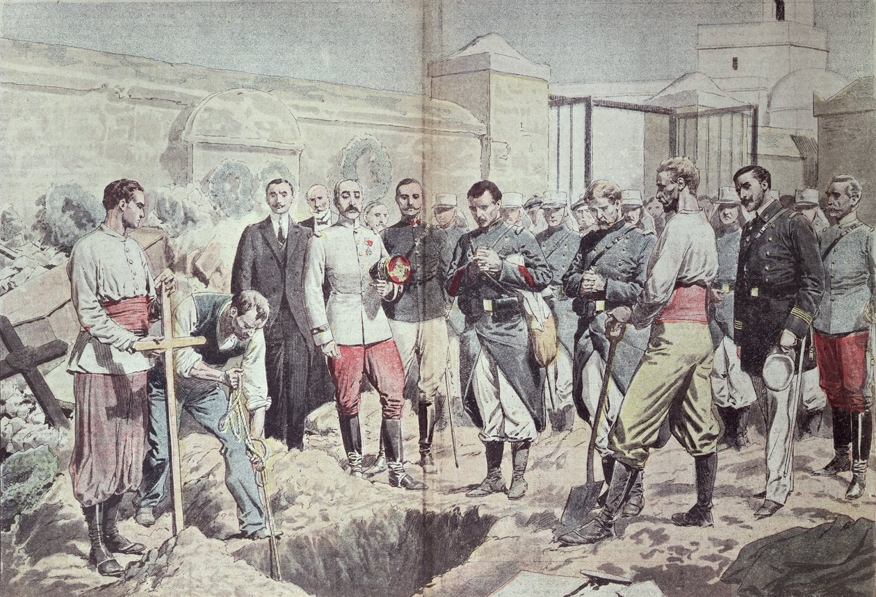 Ranskalaisia legioonalaisia Marokossa hautajaisissa, kuvitus Le Pelerin-lehdestä, 25. elokuuta 1907. tekijältä Eugene Damblans