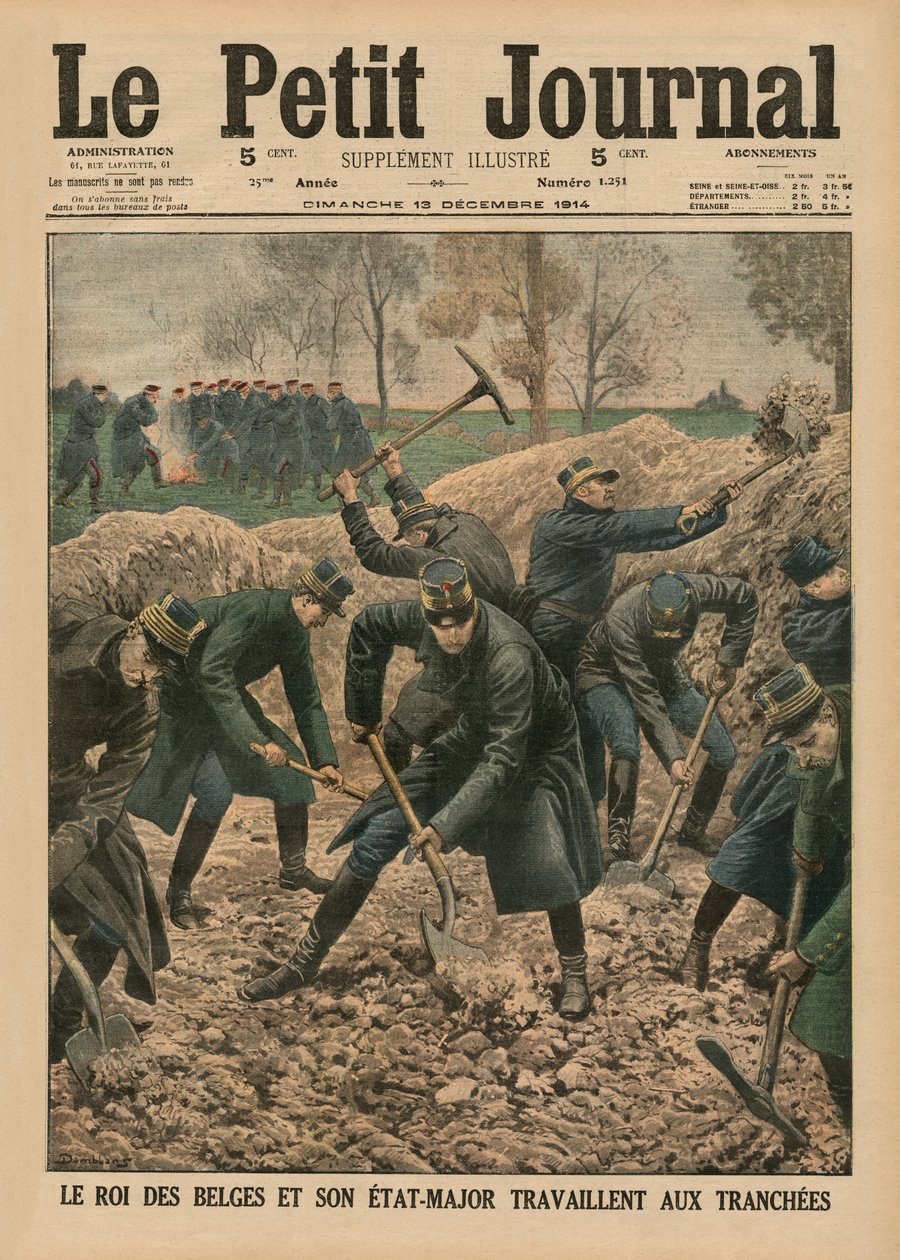 Belgian kuningas ja hänen esikuntaupseerinsa kaivamassa juoksuhautoja, etukannen kuvitus Le Petit Journalin kuvituslehdestä, 13. joulukuuta 1914. tekijältä Eugene Damblans