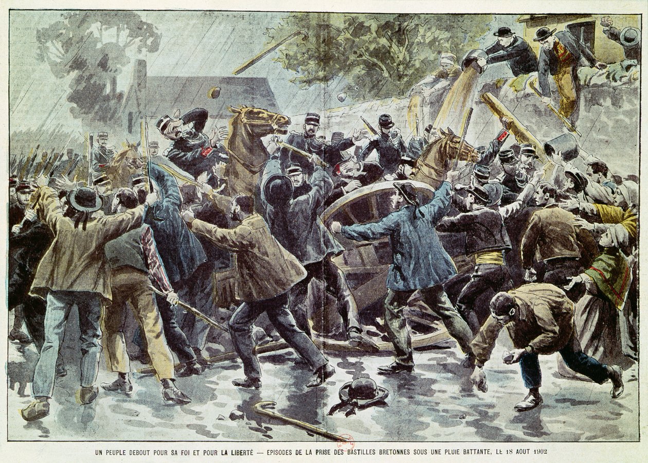 Bretagnen levottomuudet 18. elokuuta 1902, bretonit seurakuntia koskevan lain täytäntöönpanoa vastaan, 1902 (värikaiverrus) tekijältä Eugene Damblans