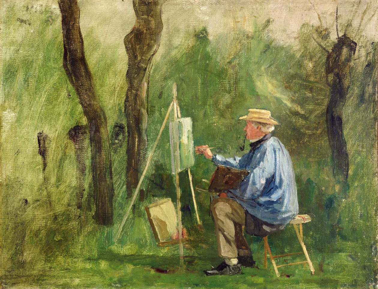 Corot maalaustelineessaan, Crecy-en-Brie, 1874 tekijältä Eugene Decan