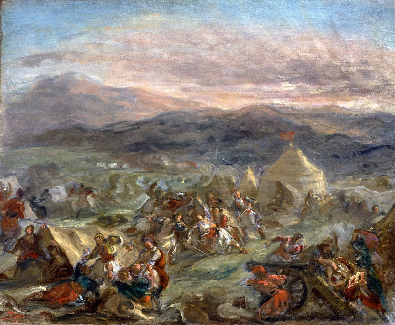 Botzaris yllättää turkkilaisen leirin ja putoaa kuolemaan tekijältä Ferdinand Victor Eugene Delacroix