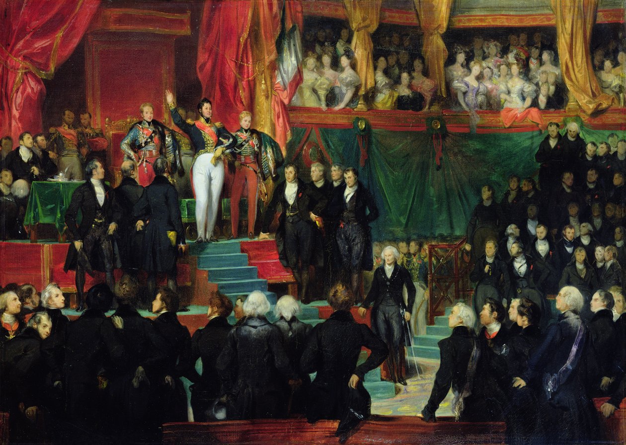 Louis-Philippe (1773-1850) vannoi virkavalan kuninkaaksi edustajainhuoneen edessä 9. elokuuta 1830 tekijältä Eugene Deveria