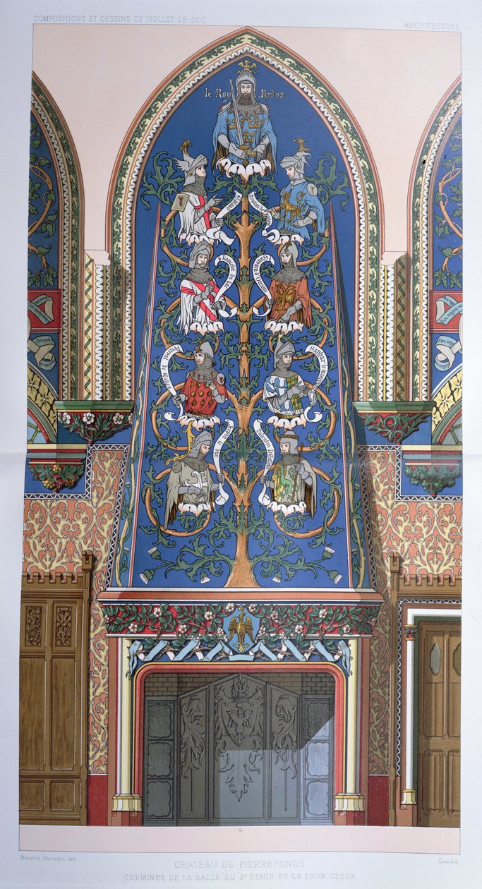 Koristesuunnitelma kuningas Arthurin ja pyöreän pöydän ritarien kanssa takalle Cesar Towerissa Chateau de Pierrefondsissa, Ranskassa (katso myös 101640) tekijältä Eugene Emmanuel Viollet le Duc
