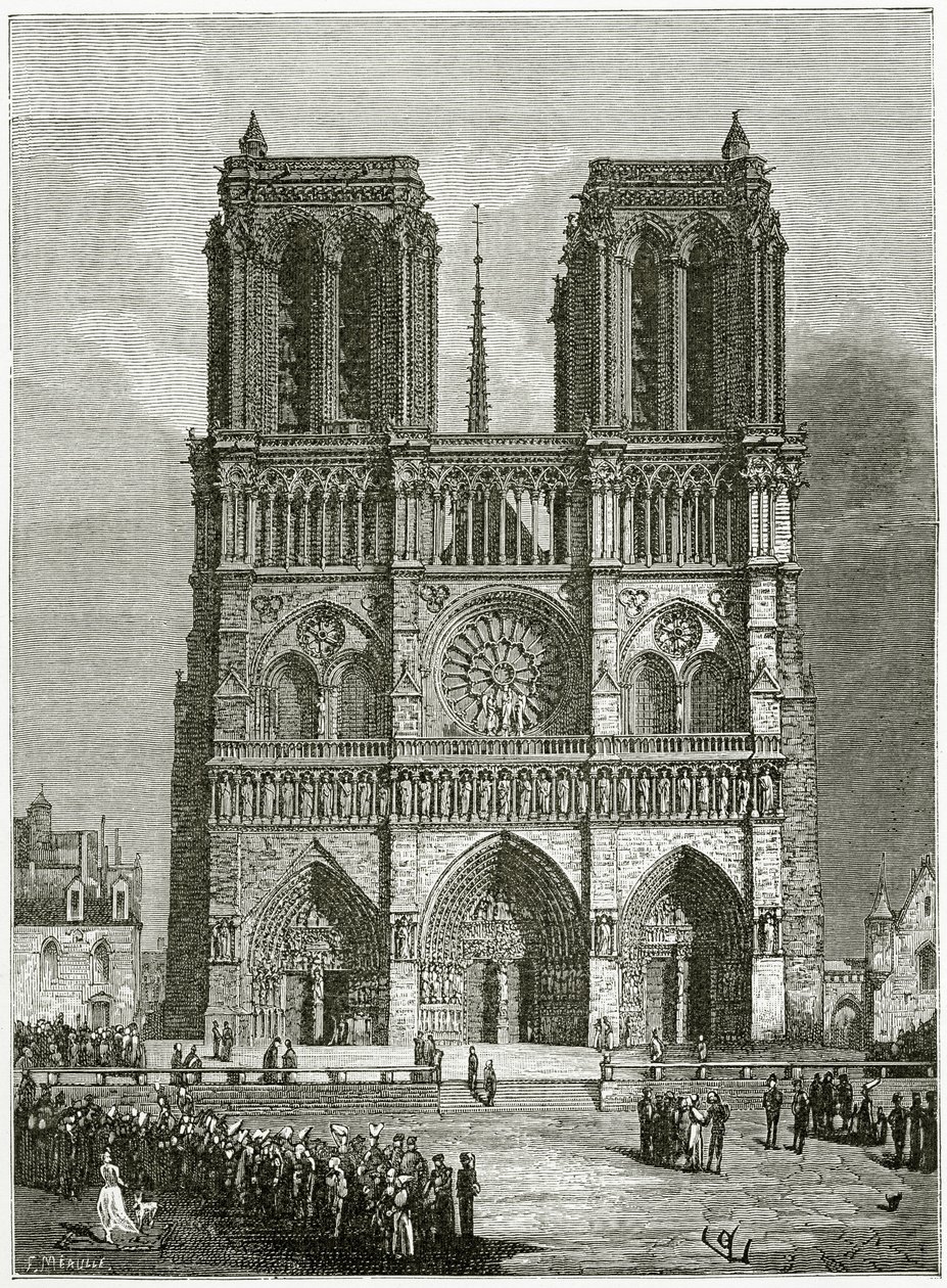Notre Dame de Paris vuonna 1642 - kuvitus Notre Dame de Parisista, 1800-luku (bw-kaiverrus) tekijältä Eugene Emmanuel Viollet le Duc