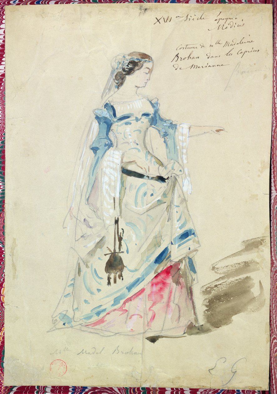 Pukusuunnittelu rouva Madeleine Brohantille (1833-1900) Mariannen rooliin Alfred de Mussetin (1810-57) elokuvassa Les Caprices de Marianne, 1851 tekijältä Pierre François Eugène Giraud