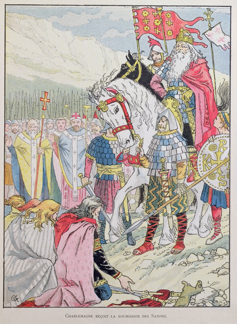 Kaarle Suuri (742-814) vastaanotti saksien alistuksen vuonna 785 tekijältä Eugene Grasset